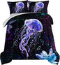 HOSIMA Ocean Theme Comforter 3 Piece,Deep Sea Treasure Crystals Jellyfish Comforter Full Size Bed in a Bag Preppy Bedding Set,Dreamy Marine Life Colored Ink Comforter Galaxy Bedding.