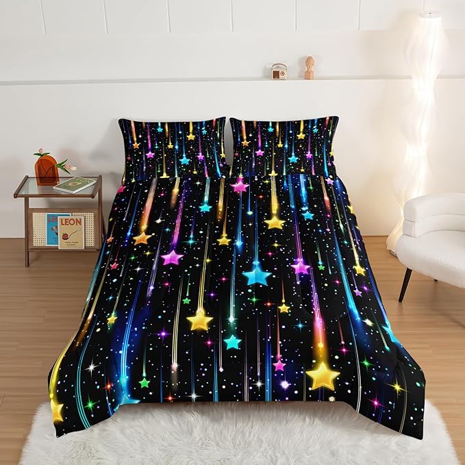 HOSIMA Glitter Star King Size Comforter Set for Kids,Different Colorful Glowing Stars Pattern Galaxy Bedding Set for Teenage Girl Room Decor,Lightweight Fluffy Princess Bedding with 2 Pillowcases.