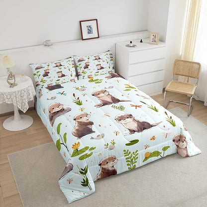 Watercolor Otter Comforter Set Twin Size 2 Pcs Cartoon Fish Wild Butterfly Dragonfly Bedding Set for Kids Boys Girls Teens Pond Green Lotus Leaf Cute Animals Microfiber Duvet Set with 1 Pillowcase