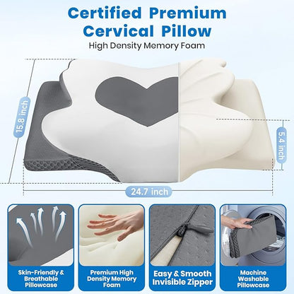 Cervical Neck Pillow for Sleeping, Memory Foam Side Sleeper Pillow, Ergonomic Pillows for Neck Pain Relief, Shoulder Support Pillows for Side Back Stomach Sleepers (Gray, Queen Size)