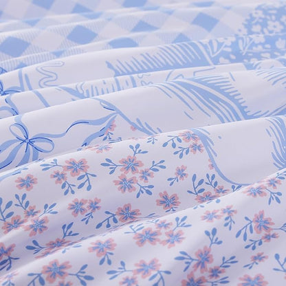 Twin XL Comforter Set for Girls, Cute Blue Bow Bedding 5 Pieces Kids Bed Set, All Season Dorm Bed in a Bag with Sheets, Pillowcase & Sham