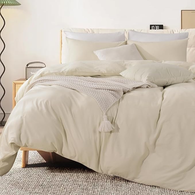 NEXHOME PRO Duvet Cover Set Oversized Queen 92"x98" Linen Feel Cream Grey Organic Natural 100% Washed Cotton Duvet Cover 3 Pieces Bedding Set with Zipper Closure, Breathable, Soft (No Comforter)