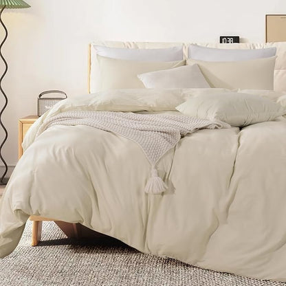 NEXHOME PRO Duvet Cover Set Queen Size Linen Feel Textured Cream Grey Organic Natural 100% Washed Cotton Duvet Cover 3 Pieces Bedding Set with Zipper Closure, Breathable, Soft (No Comforter)