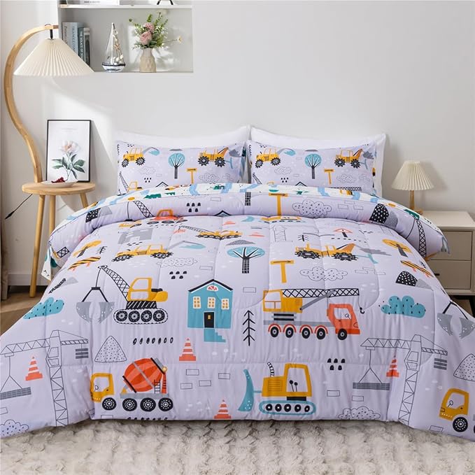 NTBED 5 Pieces Construction Cars Comforter Set Full for Boys Kids Bed in a Bag Vehicles Transportation Lightweight Microfiber Bedding Sets,Light Grey