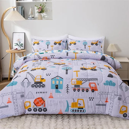 NTBED 5 Pieces Construction Cars Comforter Set Twin for Boys Kids Bed in a Bag Vehicles Transportation Lightweight Microfiber Bedding Sets,Light Grey