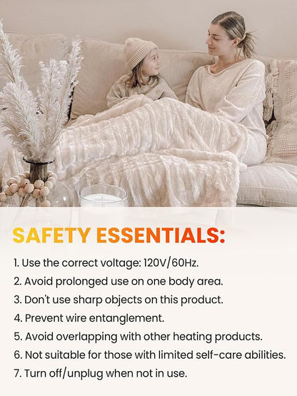 WOOMER Heated Blanket Throw 50" x 60", Electric Blanket Throw with 4 Heating Levels & 4H Auto Off, ETL Certified, White Double-Sided Velvet, Over-Heat Protect, Machine Washable