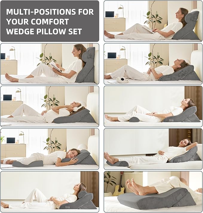 3PCS Orthopedic Bed Wedge Pillow Set, 45D Memory Foam Wedge Pillow Post Surgery for Back, Leg and Knee Support, Wider Adjustable Triangle Pillow Set for Sleeping, Acid Reflux, Anti-Snoring, Dark Grey