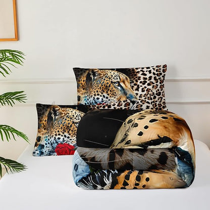 Red Rose and Leopard Comforter Set Queen for Boys,Brown Wild Animal Theme Bedding Set,3D Cheetah Quilt Set,Flowers Leopard Print Comforter Safari Animals Bed Set Bedroom Decor