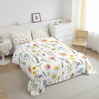 Erosebridal Wildflower Queen Comforter Set for Girls,Cute Boho Floral Bedding Set for Kids Women,Colorful Flower Butterfly Quilt,Bohemian Country Flowers Bedroom Decor with 2 Pillowcases