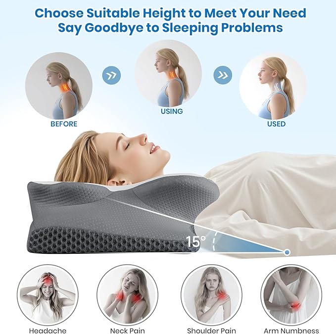 Cervical Neck Pillow for Sleeping, Memory Foam Side Sleeper Pillow, Ergonomic Pillows for Neck Pain Relief, Shoulder Support Pillows for Side Back Stomach Sleepers (Gray, Queen Size)
