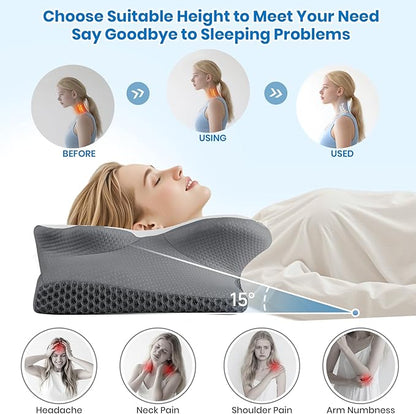 Cervical Neck Pillow for Sleeping, Memory Foam Side Sleeper Pillow, Ergonomic Pillows for Neck Pain Relief, Shoulder Support Pillows for Side Back Stomach Sleepers (Gray, Queen Size)