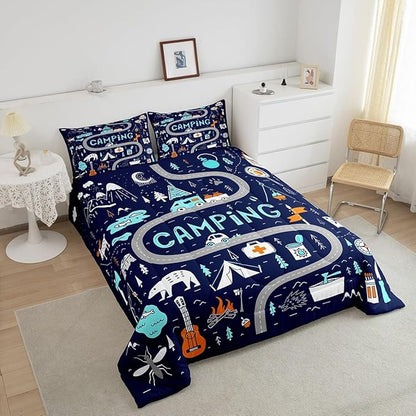 Feelyou Kids Camper Bedding Set Twin Cute Happy Camping Comforter for Boys Girls Farmhouse Rustic Wild Adventure Bedroom Decor Comforter Set Blue Nature Wildlife Quilted Set with 1 Pillow Case