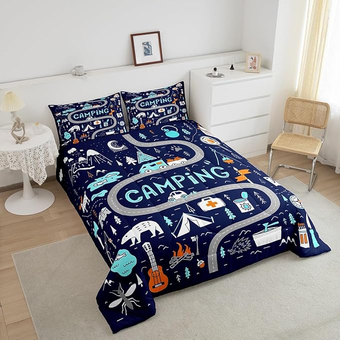 Feelyou Kids Camper Bedding Set Queen Cute Happy Camping Comforter for Boys Girls Farmhouse Rustic Wild Adventure Bedroom Decor Comforter Set Blue Nature Wildlife Quilted Set with 2 Pillow Case