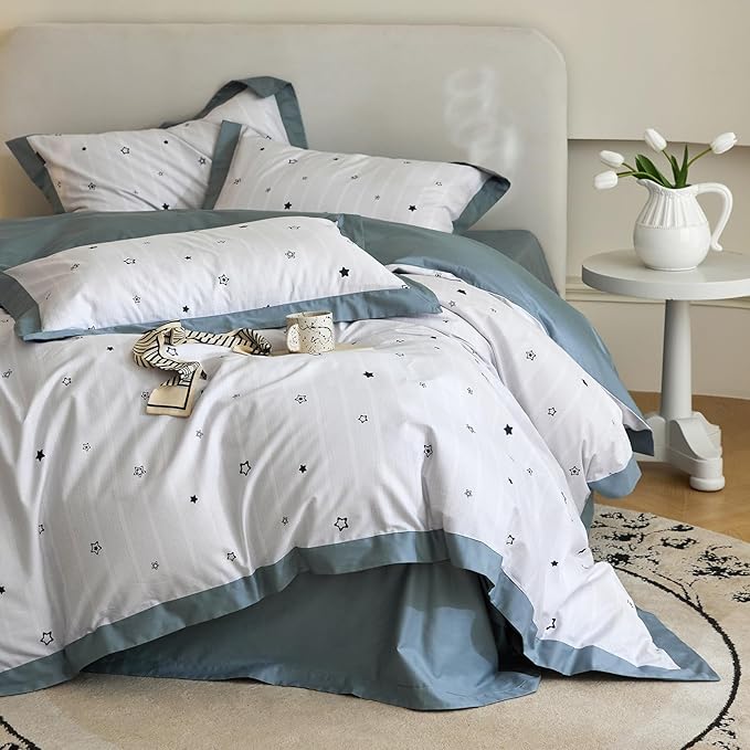 AOJIM Cute Kids Bedding Duvet Cover Set with Star Patterns for Girls and Boys, Reversible Pure Cotton Comforter Cover and 2 Matching Pillowcases, Super Soft Bed Quilt Cover for Room Decor, Queen Size