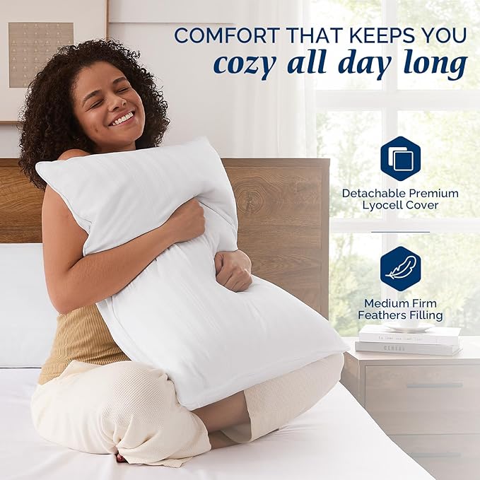 downluxe Goose Feather and Down Pillows - Hotel Collection Feather Pillows Set of 2 for Back, Stomach or Side Sleepers, Queen Size (20"x28")