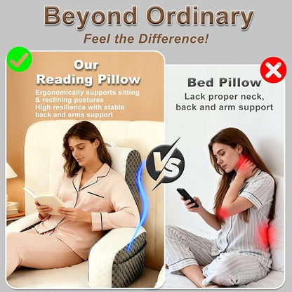Bed Reading Pillow Back Support with Arms, Removable Pillowcase for Book Working Gaming Resting Watching TV, White Gray/22in