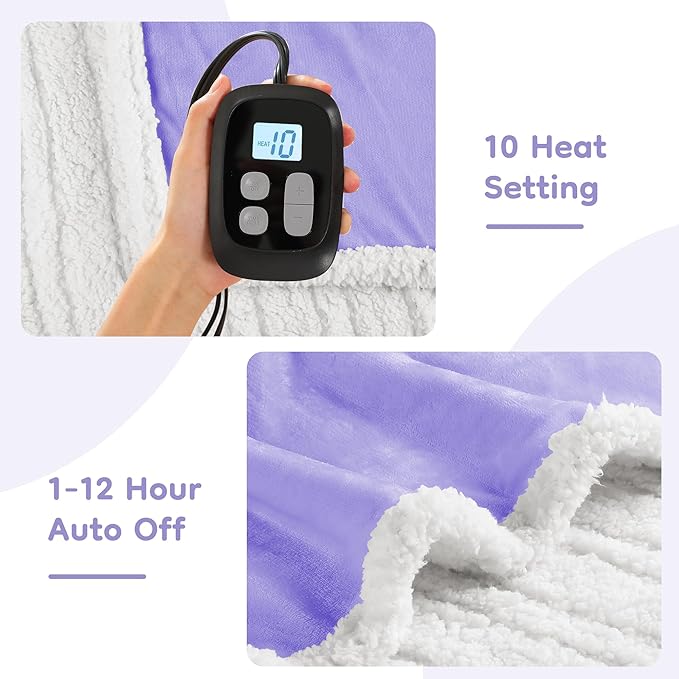 Electric Heated Blanket Full Size - 72"x84", Soft Flannel Heating Blanket, 10 Heating Levels, 1-12 H Auto Shut Off, Breathable Warm and Washable for Bed, Light Purple