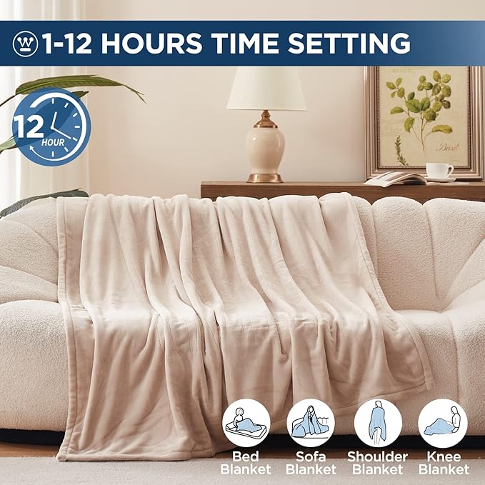 Westinghouse Electric Blanket Twin Size, Super Cozy Soft Flannel 62"" x 84"" Heated Blanket with 10 Fast Heating Levels & 1-12 Auto-Off, Machine Washable, ETL&FCC Certification, Beige