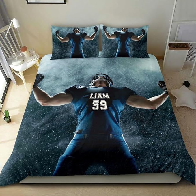 Personalized American Football Bedding Set, Kids 3 Piece Duvet Cover Set with Pillow Shams for Teens Boys, NO Comforter, Twin Size for Rugby Lovers (Football 20)