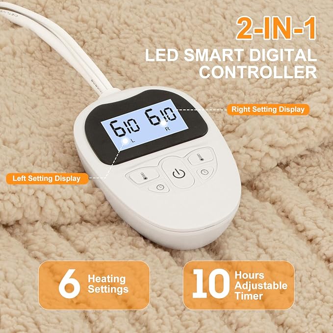 Electric Blanket Queen Size Single Control - 84"X90" Soft Double Sided Sherpa Heated Blanket with 6 Fast Heating Levels & 10 hrs Timer Settings, Washable & ETL Certified for Bed, Beige