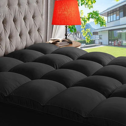 ABENE Mattress Topper for Back Pain Relief, Extra Thick Mattress Pad Pillowtop, Soft Mattress Protector Cover with 8"-21" Deep Pocket, Overfilled Down Alternative Filling (Black, Short Queen)