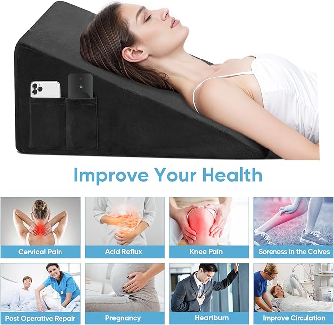 Wedge Pillow, 7.5 Inch Bed Wedge Pillow for Headboard, Pillow Wedge for Acid Reflux Relief, After Surgery, Sleeping，Back Pain Relief, Memory Foam Top, Black