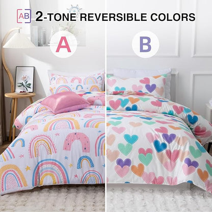 A Nice Night Lightweight Soft Cartoon Rainbow 6Pcs Twin Comforter Sets, Love Hearts Printed Bedding Set for Boys Girls,White