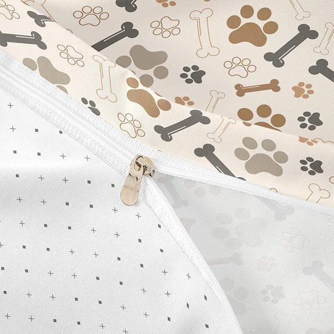 Dog Paw Print Comforter Cover Queen Size (Not Comforter),Bone Puppy Pets Animal Theme Bedding Set for Bedroom,Beige Cute Cartoon Design Polyester Duvet Cover with 2 Pillowcases, Soft
