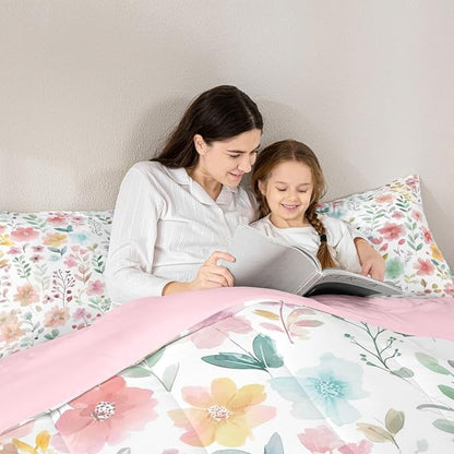 Erosebridal Cute Floral King Comforter Set,Pink Beige Flower Bedding Set for Kids Girls Women,Boho Flowers Wildflower Quilt,Botanical Plant Green Leaf Bedroom Decor,2 Pillowcases Breathable