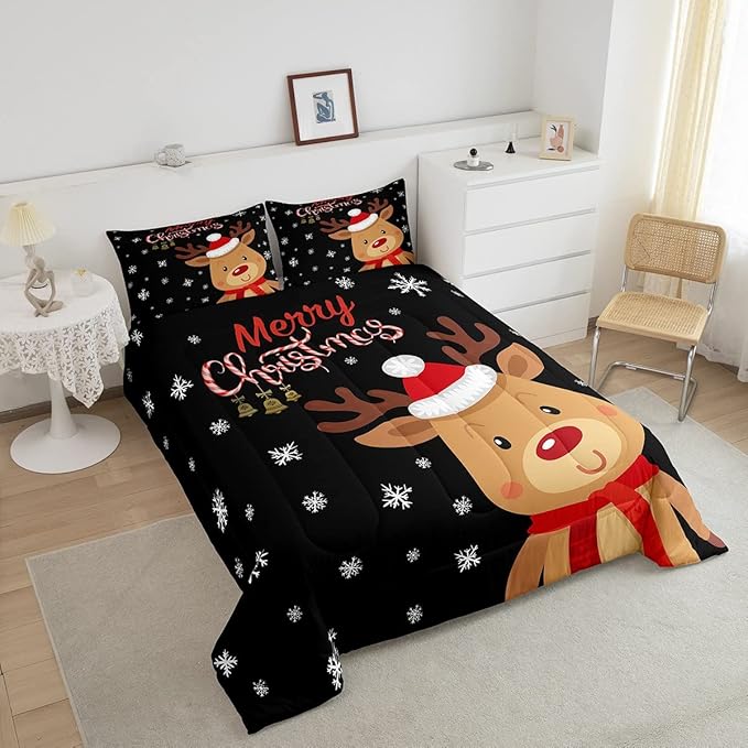 Cartoon Deer Reindeer Comforter Set Twin,Merry Christmas Bedding Set for Kids Boys Girls,Xmas Snowflake Duvet Insert Bedroom Decor,Happy New Year Gift Down Comforter with 1 Pillowcase Soft