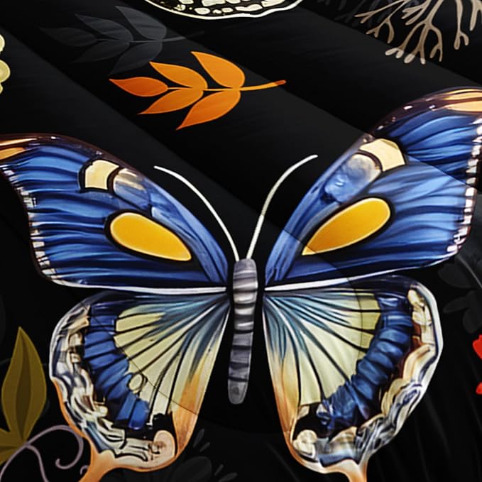 Black Floral Comforter Set Full Size, Colorful Butterfly and Flowers Bedding Set, Soft Polyester Quilt Set with 2 Pillowcases