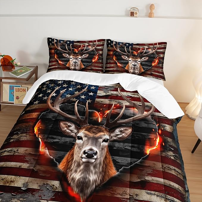 Deer Bedding Sets for Kids Boys Girls Room Decor,Hunting Themed American Flag Bedding Comforter Sets,Western Comforter Sets Camo King Bedding Set with 2 Pillowcases.