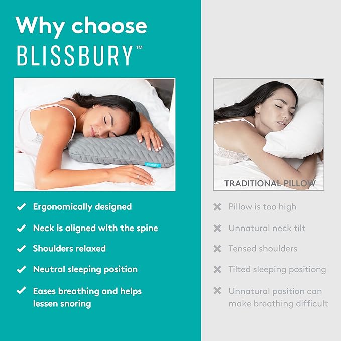 BLISSBURY Stomach Sleeping Pillow - Thin Memory Foam Pillow for Stomach Sleepers | Ultra Thin Pillow for Sleeping | Flat & Slim to Allow for Comfort | 3.3 Inch Thickness