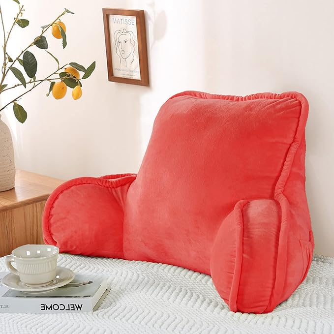 Super Soft Velvety Backrest Reading Bed Rest Pillow with Arms and Pockets 18" H for Sitting in Bed Couch Sofa, Back Support Wedge Cushion with Removable Cover, 20" x 18" x17", Bright Pink