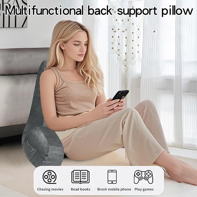 RRPAHWTV Reading Pillow for Bed with High Arm Rests,Back Support Pillow for Sitting Up in Bed with Shredded Memory Foam for Reading, TV, Gaming or Relaxing on Floor（Grey，Small）