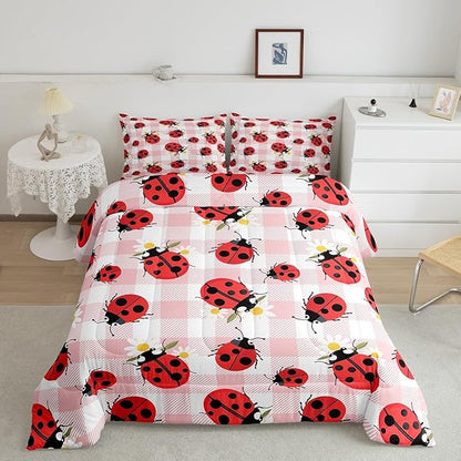 Cartoon Ladybug Bedding Set Full Size Rustic Pink Plaid Comforter Set for Kids Teens Room Decor Cute Dasiy Flower Duvet Insert Geometric Polka Dots Down Comforter Set,3Pcs