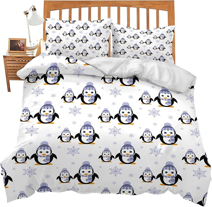 Penguin Bedding Set Cartoon Penguin Animal Theme Comforter Set Covers for Kids Teens Women Penguins Duvet Cover Bedroom Decor Soft Full Size Quilt Cover with 2 Pillowcases