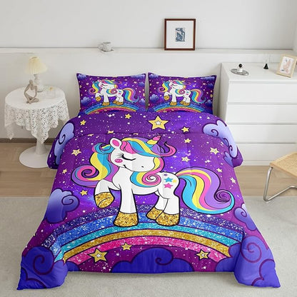 Feelyou Unicorn Bedding Queen Bed Sets for Girls Purple Cute Unicorn Comforter for Girls Comforter Set Star Print Kawaii Duvet Quilt Bedroom Decor Rainbow Bedding Cartoon Quilt,All Season