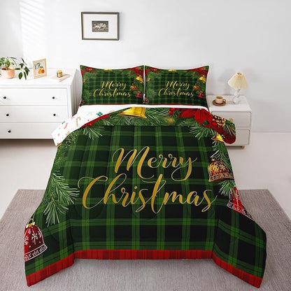 Red Blue Merry Christmas Comforter Set for Kids Boys Girls,Christmas Balls Bedding Set,Vintage Xmas Grid Lattice Duvet Insert Twin,Happy Holiday Down Comforter with 1 Pillowcase Bedroom Decor