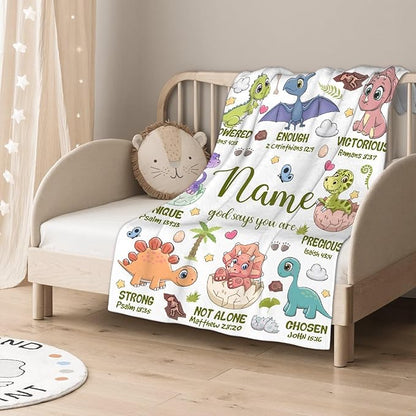 Personalized Dinosaur Blanket,Custom Dinosaur Gifts for Kids Boys,God Says I Am Themed Blanket,Meaningful Thoughtful Religious Baptism Christian Gifts,Bible Verse Quilt with Name,50"x60" for Teens