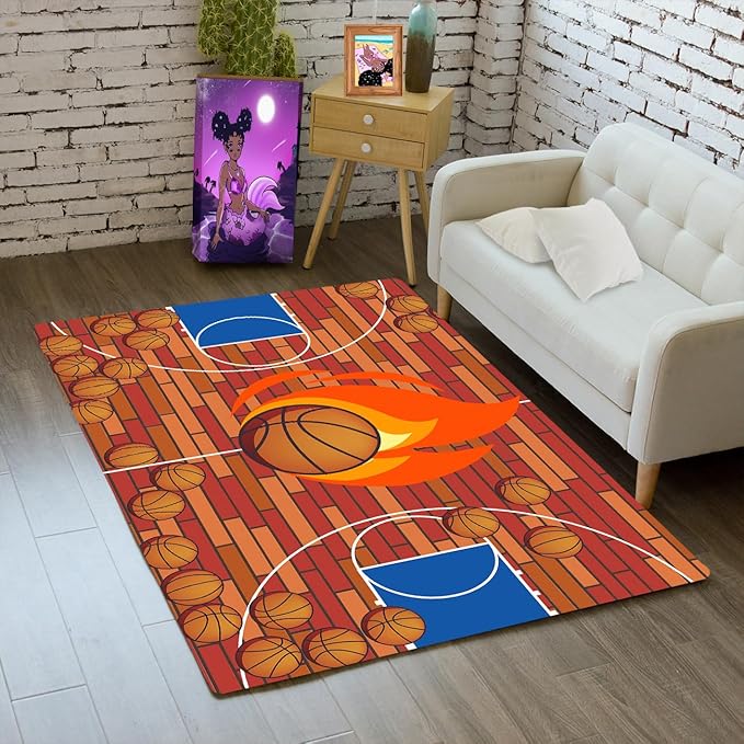 Basketball Court Rug - Basketball Rug for Boys Bedroom, Sports Decor for Boys Bedroom Kids Carpet, Sports Themed Carpets for Playroom Living Room Floor Mat or Door mat, 2x3 Feet