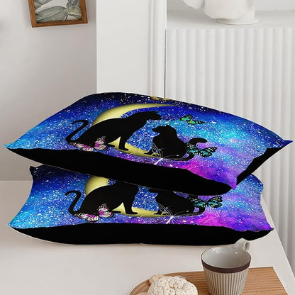 Black Cat Bedding Cartoon Cat Comforter Set Twin,Butterflies Moon Printed Kids Bedding Set for Kids Boys Girls Adults Teens,Kids Comforter Set All Season,1 Quilt 2 Pillow Cases,Blue
