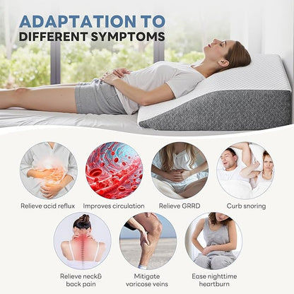 Wedge Pillow for Back Pain Relief, Acid Reflux Pillow, Memory Foam Sleep Apnea Pillows for Sleeping Versatile Triangle Pillow Wedge for Bedroom Living Room, 7Inch, White and Grey