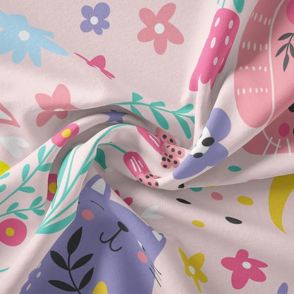 QOOMO Floral Cat Comforter King Size,Pink Cat Comforter Set for Kids Teens Girls,3Pcs Bedding Set Printed Comforter with 2 Pillowcases,Down Alternative,Soft and Lightweight(Pink，King Size)