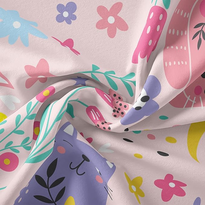 QOOMO Floral Cat Comforter Twin Size,Pink Cat Bedding Set for Kids Teens Girls,3Pcs Bedding Set Printed Comforter with 2 Pillowcases,Down Alternative,Soft and Lightweight(Pink，Twin Size)