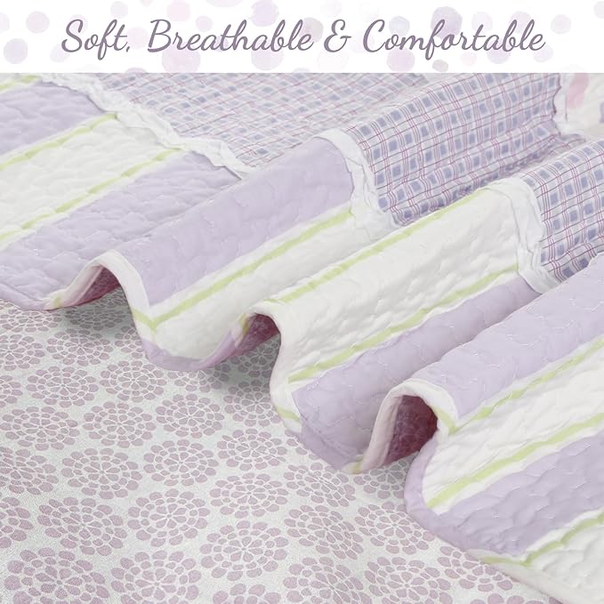 Cozy Line Home Fashions Lavender Green Stripe Dots Girl 100% Cotton Reversible Quilt Bedding Set, All-Season Coverlet Bedspread (Purple Dots, Twin - 2 Piece)