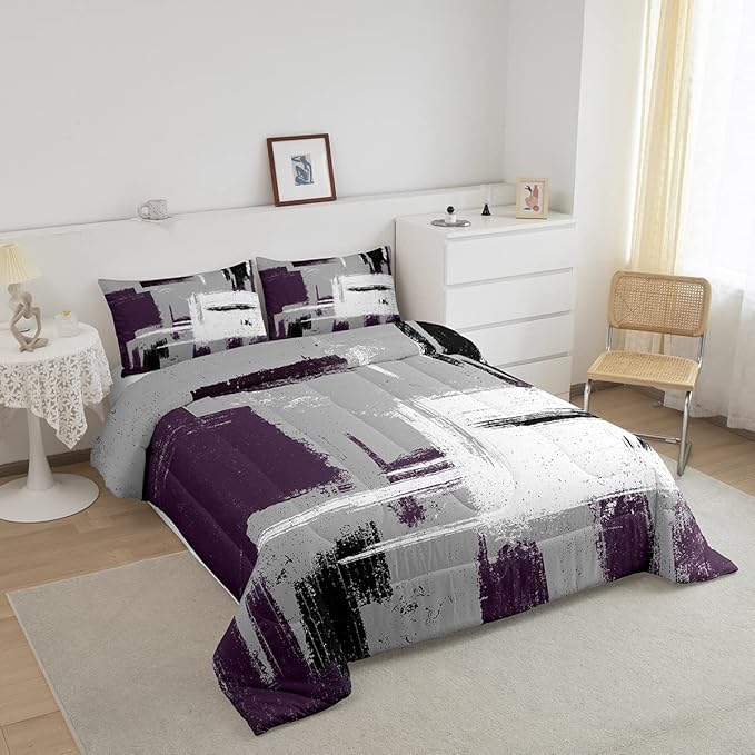Feelyou Abstract Bedding Set Comforter Set for Kids Boys Children Modern Abstract Art Comforter Ultra Soft Decor Purple Grey White Duvet Set Toddler Size
