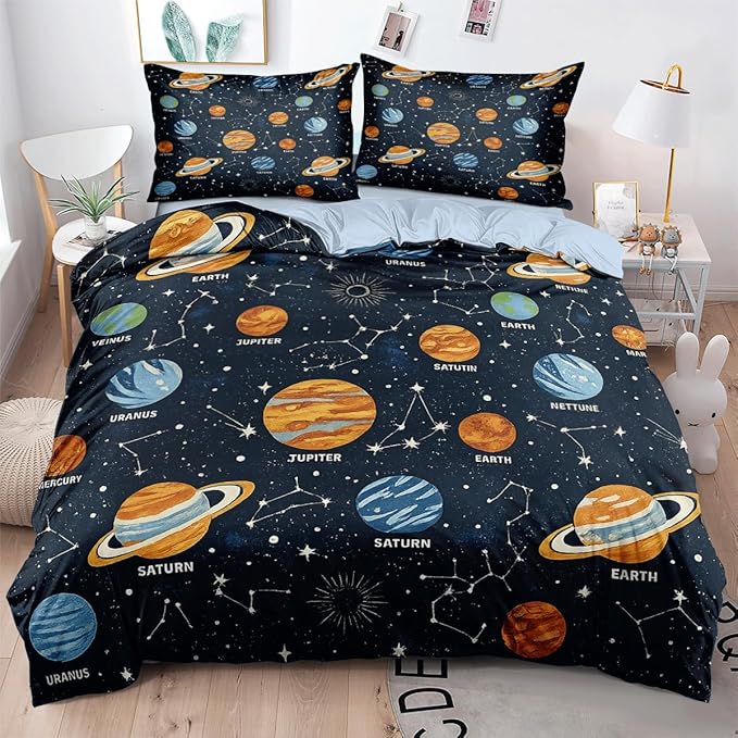 Space Boys Teens Duvet Cover Sets Queen Size, Black Galaxy Planet Comforter Cover,1 Duvet Cover 69x90 Inches and 1 Pillowcase 20x26 Inches (Queen,No Comforter)