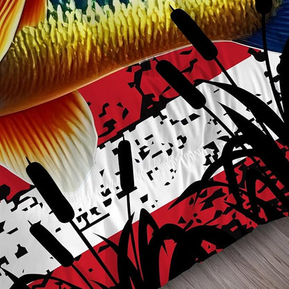 Bass Fish Comforter Set Twin Size Fisherman American Flag Bedding Set for Men Boys Teens Fishing Lover Bedroom Farmhouse Bed Set Wild Quilted,1 Comforter 1 Pillowcase