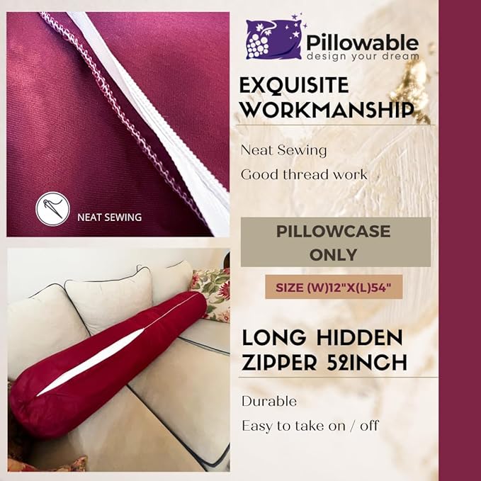 Case ONLY - Red 54x12 inches Round Body Pillowcase - Cover Only - Zipper Pillowcase - 100% Brushed Microfiber - Bolster Pillow Cover - Fits Only Round Body Pillow